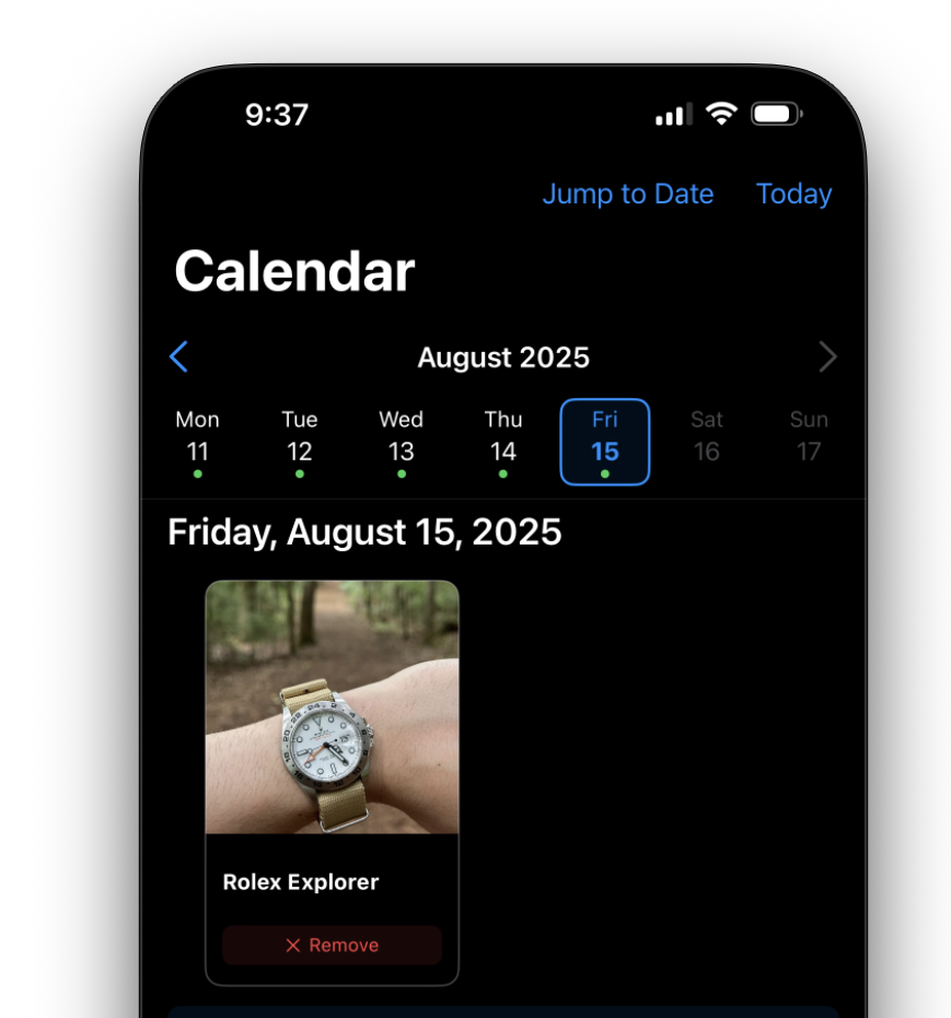 Horolog calendar view showing daily watch tracking