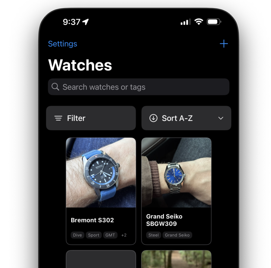 Horolog collection view showing watch inventory