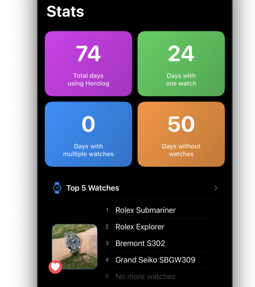 Horolog statistics view showing wear history data